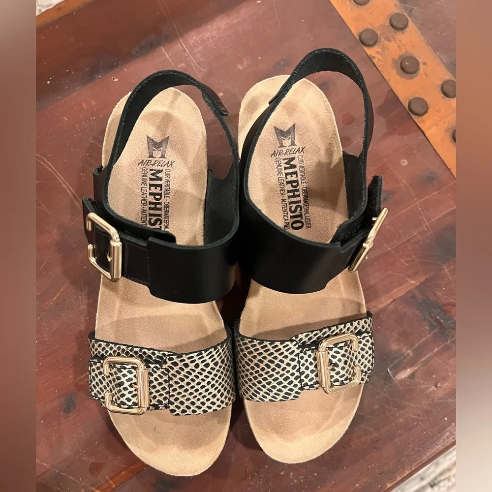 Mephisto Air-Relax Cork Wedge Sandals Slingback Snake Print Buckle Comfort Sz 38